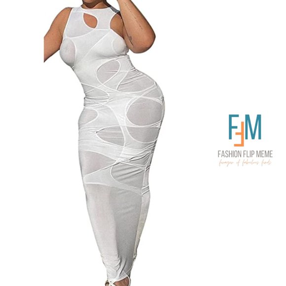 New! Sleeveless Sheer Mesh Fishnet Cut Out Bodycon Sheath Dress - Picture 4 of 8